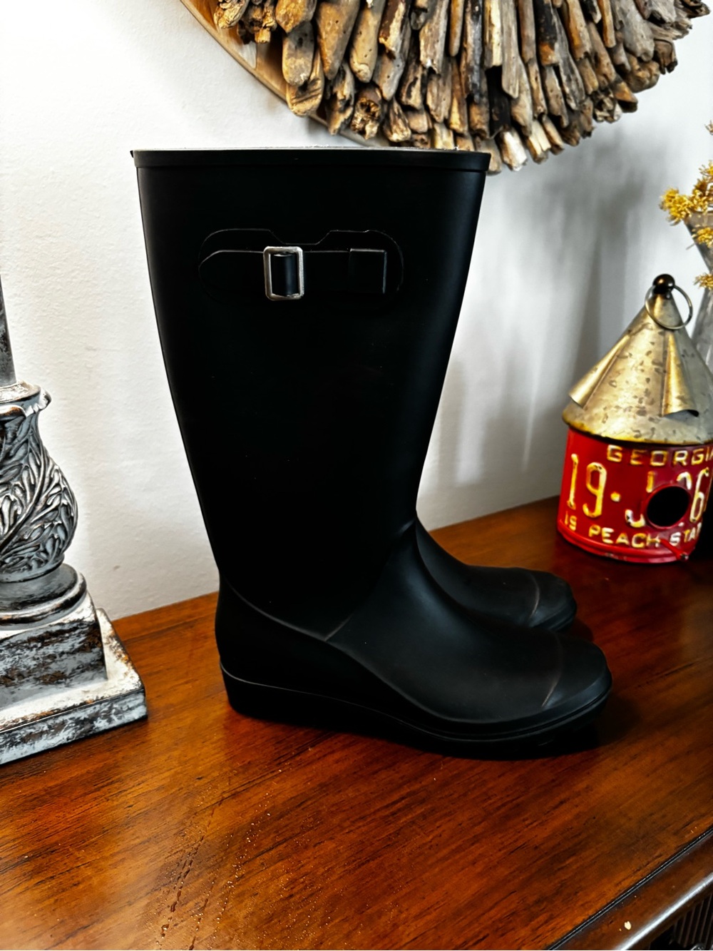 Waterproof Gorpcore Black Rain Boot with Buckle Detail - Women Size 8